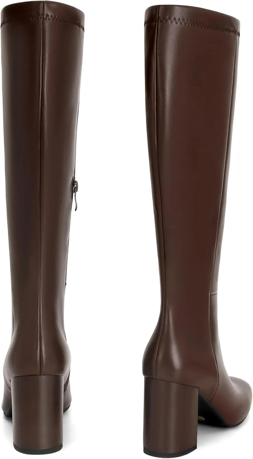 SOVANYOU Women's Faux Leather Tall Boots Fashion Square Toe Chunky Heel Knee High Boots with Side Zip