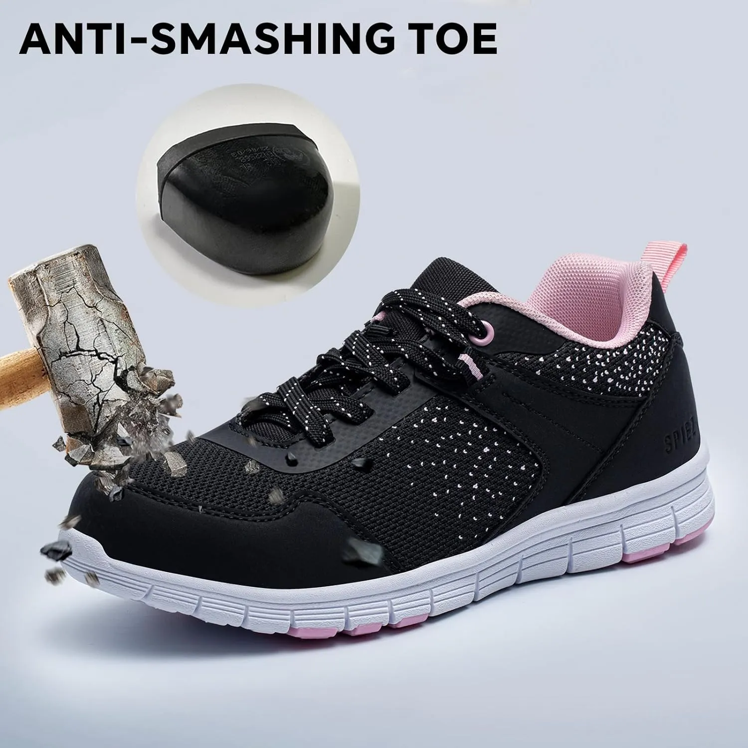 SPIEZ Lightweight Composite Toe Safety Shoes for Women, Non-Slip Puncture Proof Work Shoes for Ladies, Breathable Safety Toe Sneakers for Work and Daily Wear