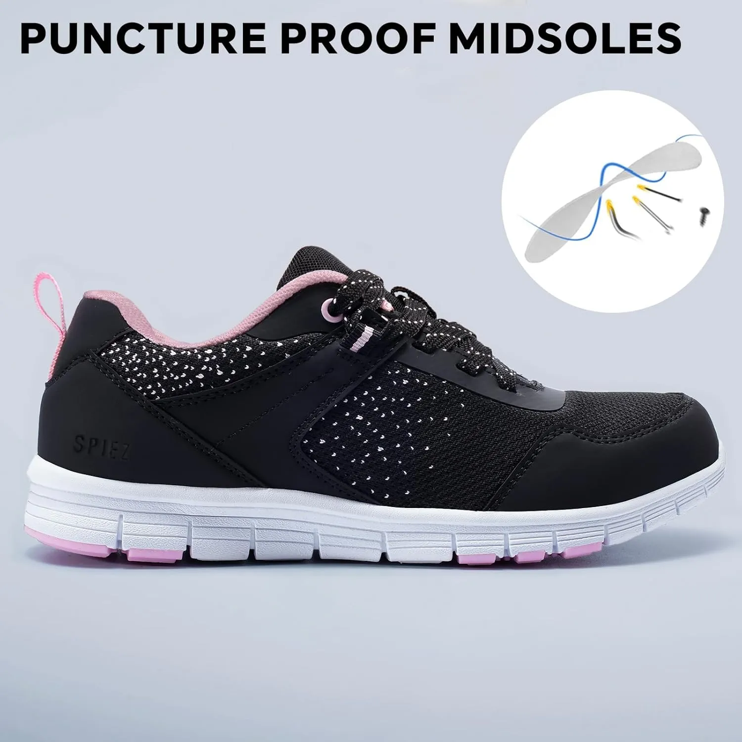 SPIEZ Lightweight Composite Toe Safety Shoes for Women, Non-Slip Puncture Proof Work Shoes for Ladies, Breathable Safety Toe Sneakers for Work and Daily Wear