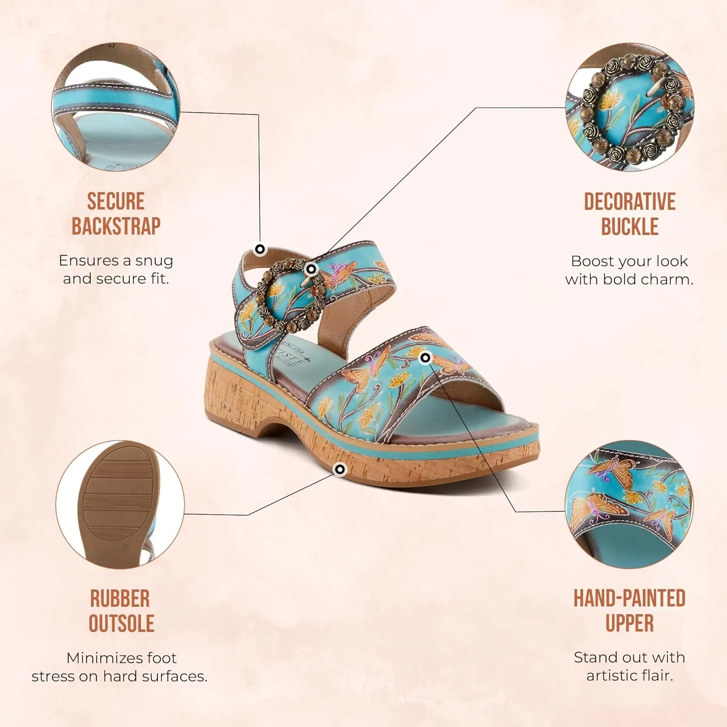 Spring Step L'Artiste Women's KENNA Hand-Painted Leather Sandals with Crystal Buckle
