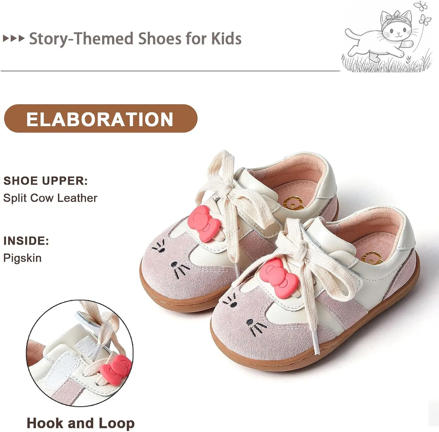 Storybook-Themed Kids Shoes, Girls' Casual Sneakers‌ with Soft Suede Leather, ‌Breathable Pigskin Lining & ‌Non-Slip Rubber Sole, ‌Hand-Stitched ‌Toddler Walking Shoes for 2-7 Years