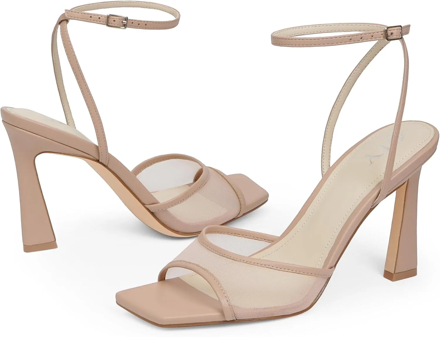 Strappy Heels for Women Heeled Sandals Square Toe Heel Ankle Strap Stiletto Mesh High Heels Dress Shoes