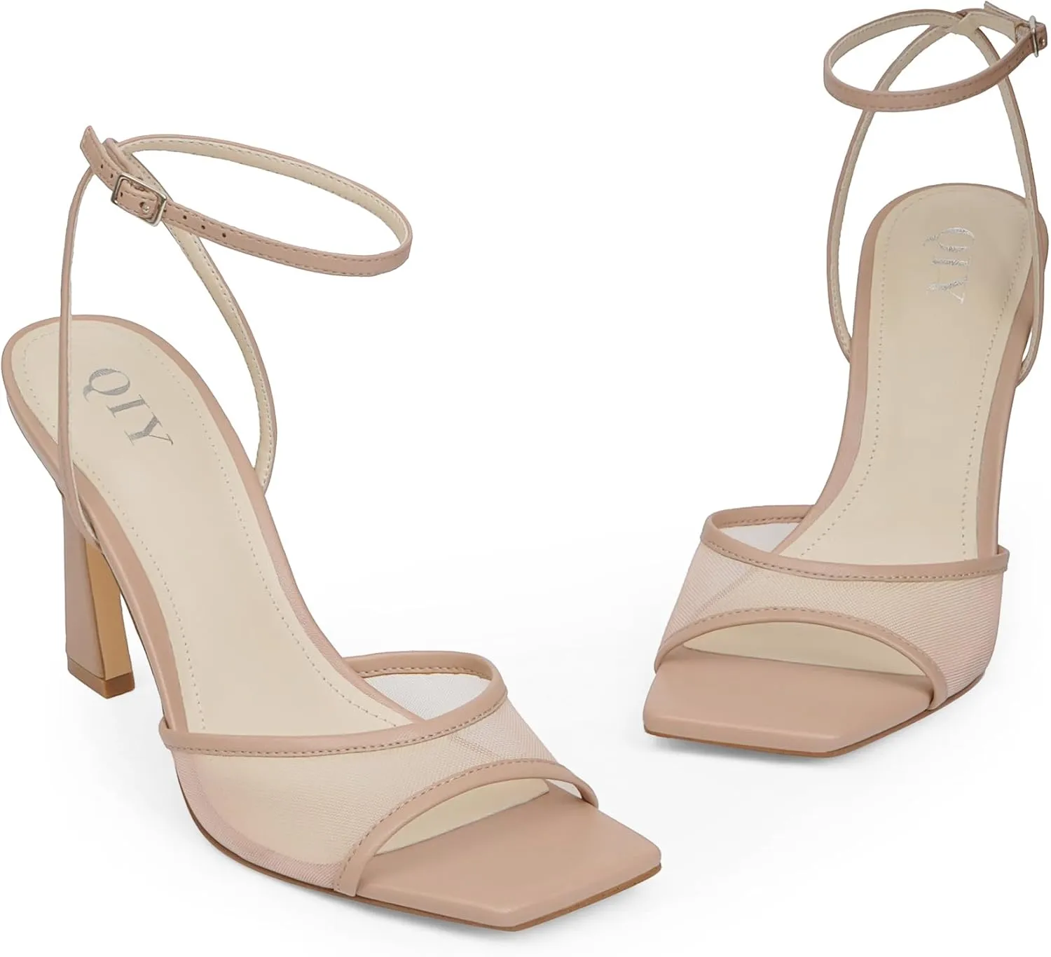 Strappy Heels for Women Heeled Sandals Square Toe Heel Ankle Strap Stiletto Mesh High Heels Dress Shoes