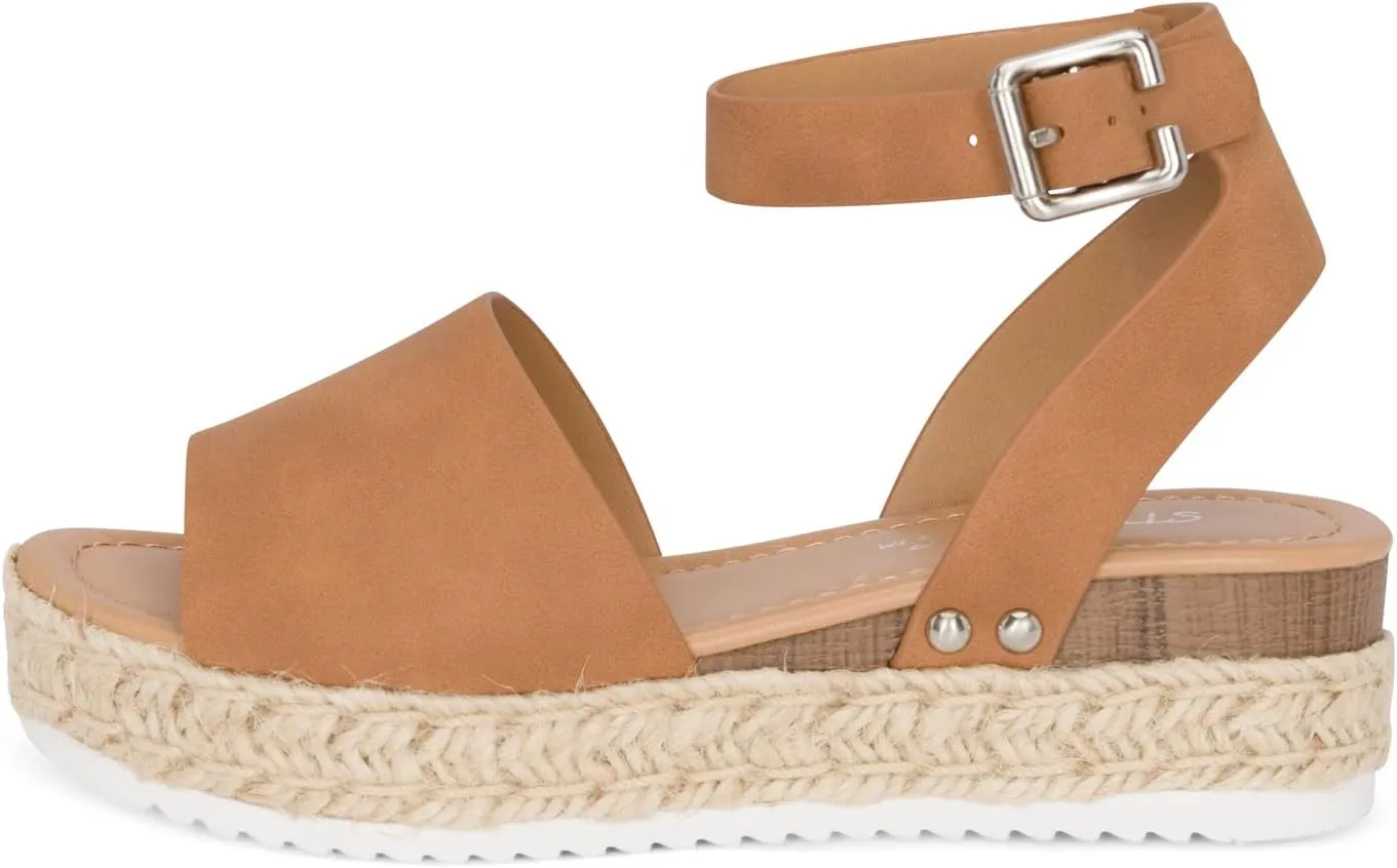 STYLISH S Gloria-IIS ~ Girls Single Band Open Toe Platform Wedge Espadrille Studded Sandals Adjustable Ankle Buckle