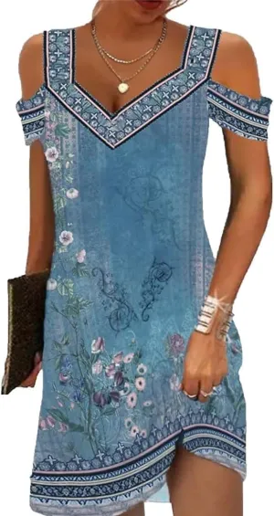 Summer Dresses for Women 2025 V Neck Cold Shoulder Vintage Printed A-Line Dress Beach Vacation Boho Midi Sundress
