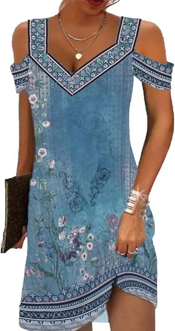 Summer Dresses for Women 2025 V Neck Cold Shoulder Vintage Printed A-Line Dress Beach Vacation Boho Midi Sundress