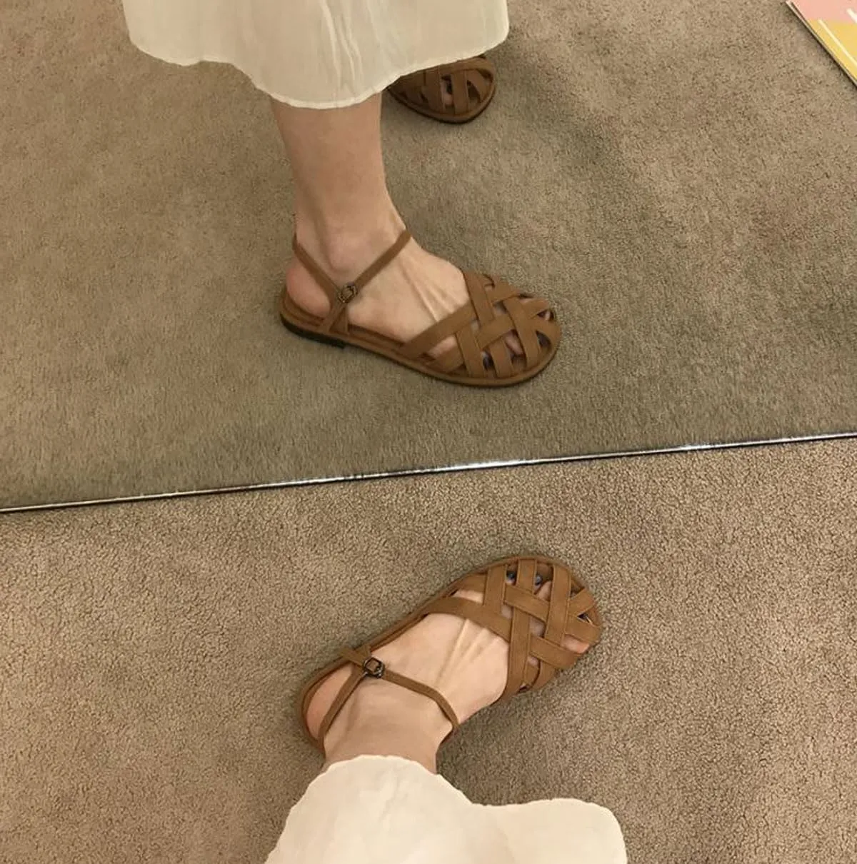 Summer Retro Crochet Sandals for Women Hollow Out Flats Low Heel Round Toe Shoes with Ankle Strap