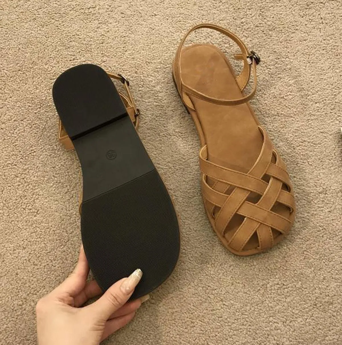 Summer Retro Crochet Sandals for Women Hollow Out Flats Low Heel Round Toe Shoes with Ankle Strap