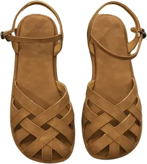 Summer Retro Crochet Sandals for Women Hollow Out Flats Low Heel Round Toe Shoes with Ankle Strap
