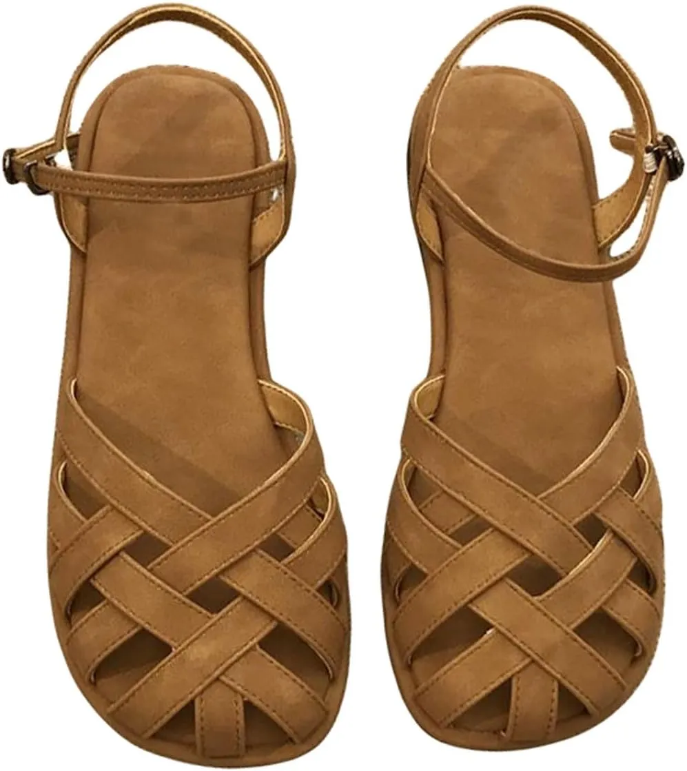 Summer Retro Crochet Sandals for Women Hollow Out Flats Low Heel Round Toe Shoes with Ankle Strap