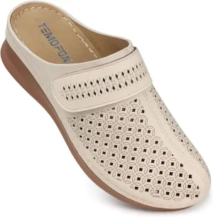 TEMOFON Mules for Women Slip on Sandals: Comfortable Clogs with Arch Support Leather Flats Closed Toe Sandals Shoes