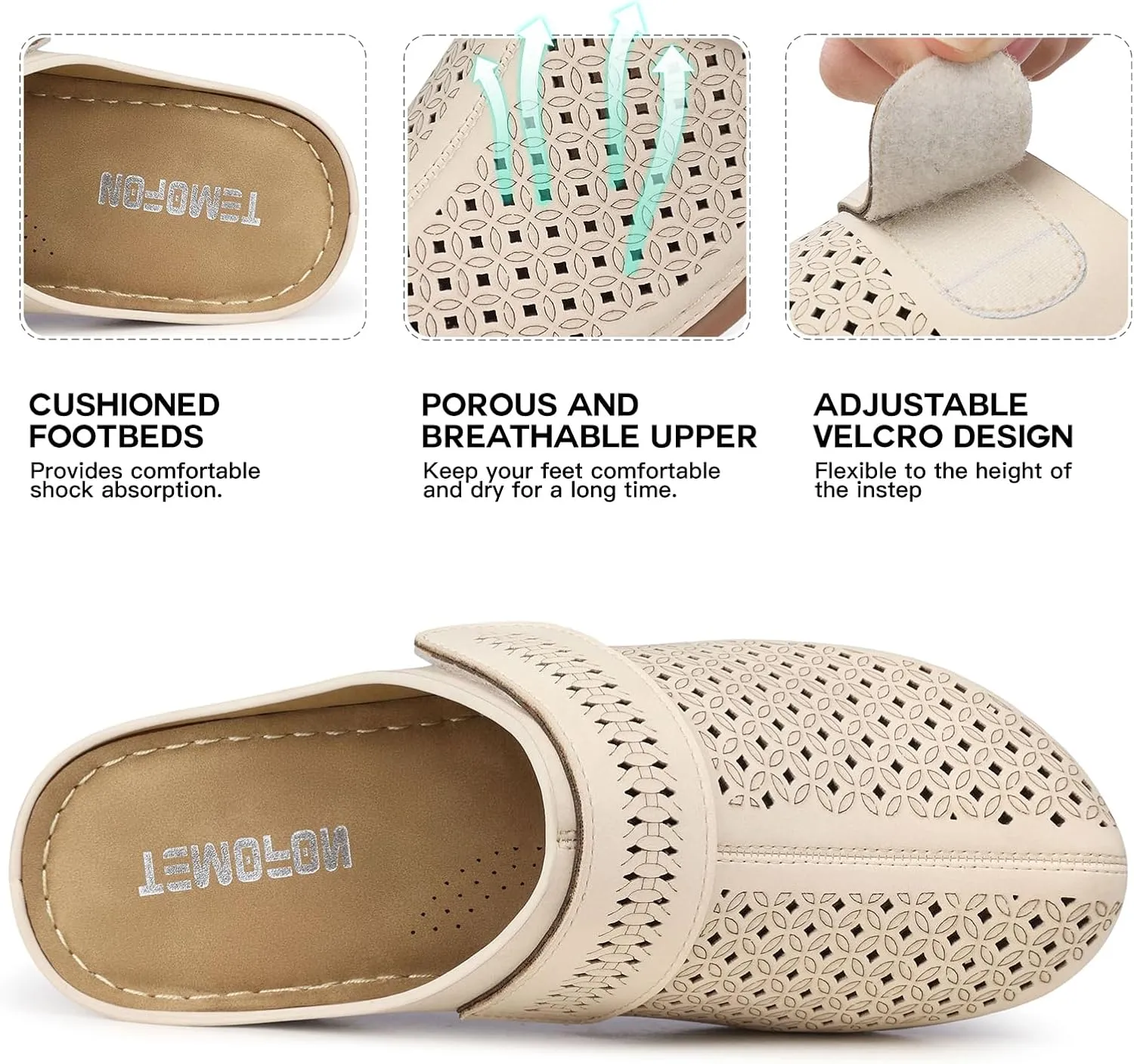 TEMOFON Mules for Women Slip on Sandals: Comfortable Clogs with Arch Support Leather Flats Closed Toe Sandals Shoes