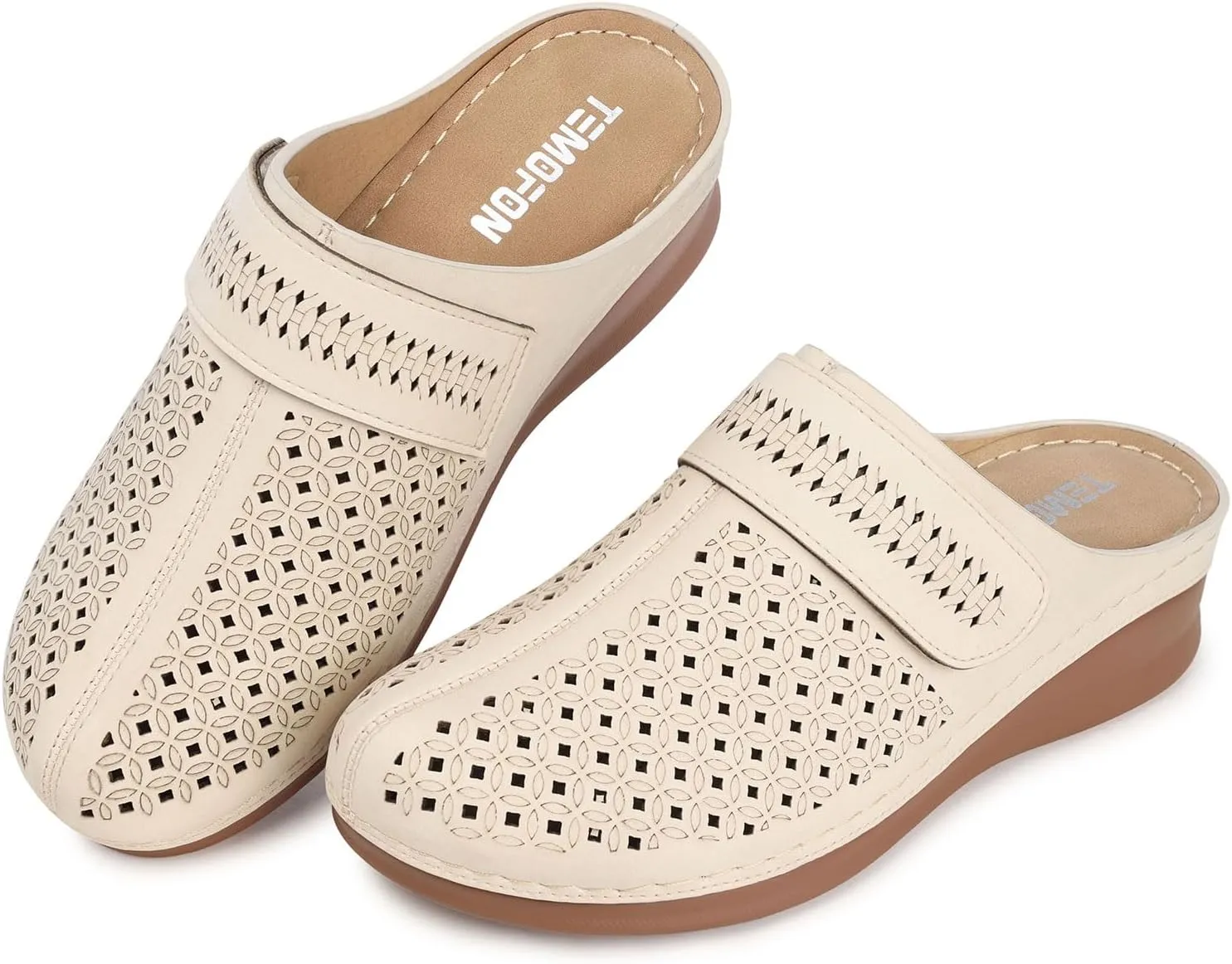 TEMOFON Mules for Women Slip on Sandals: Comfortable Clogs with Arch Support Leather Flats Closed Toe Sandals Shoes