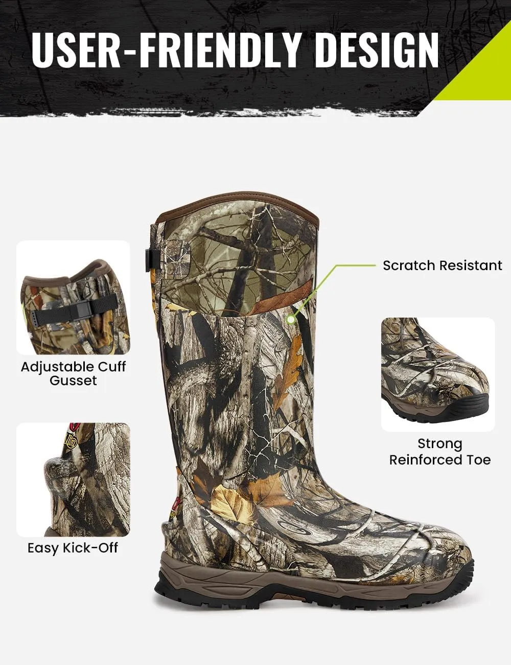 TIDEWE Rubber Hunting Boots with 800g Insulation, Waterproof Insulated Next Camo G2 Warm Rubber Boots with 7mm Neoprene, Sturdy Outdoor Hunting Boots for Men (Size 5-14)