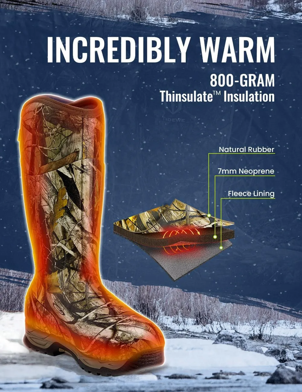 TIDEWE Rubber Hunting Boots with 800g Insulation, Waterproof Insulated Next Camo G2 Warm Rubber Boots with 7mm Neoprene, Sturdy Outdoor Hunting Boots for Men (Size 5-14)