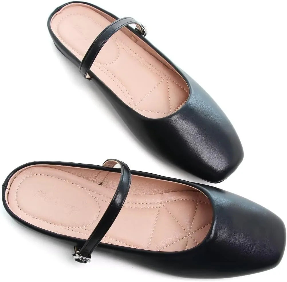 TN TANGNEST Women's Mary Jane Shoes Mules for Women Flats Retro One Line Strap Flats Cute Square Toe Backless Flat Mules