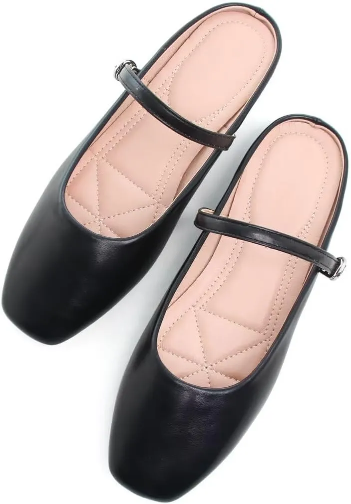 TN TANGNEST Women's Mary Jane Shoes Mules for Women Flats Retro One Line Strap Flats Cute Square Toe Backless Flat Mules