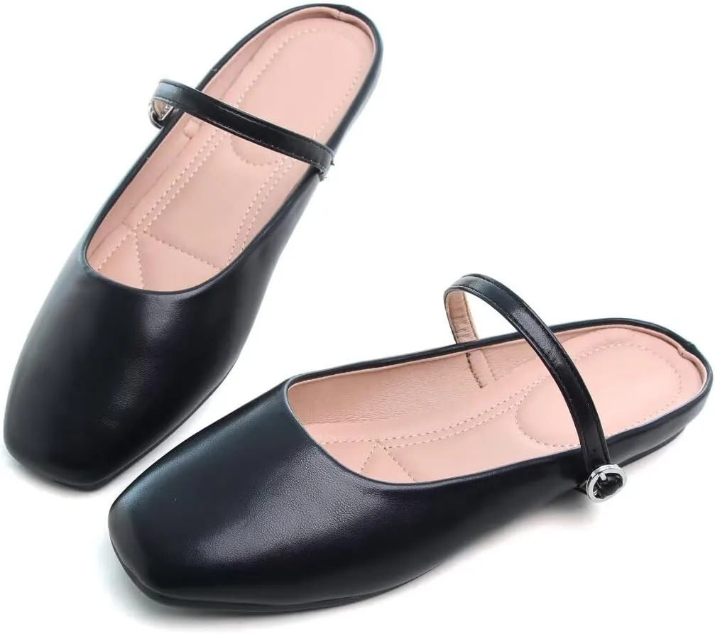 TN TANGNEST Women's Mary Jane Shoes Mules for Women Flats Retro One Line Strap Flats Cute Square Toe Backless Flat Mules