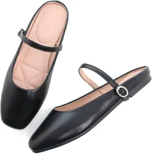 TN TANGNEST Women's Mary Jane Shoes Mules for Women Flats Retro One Line Strap Flats Cute Square Toe Backless Flat Mules