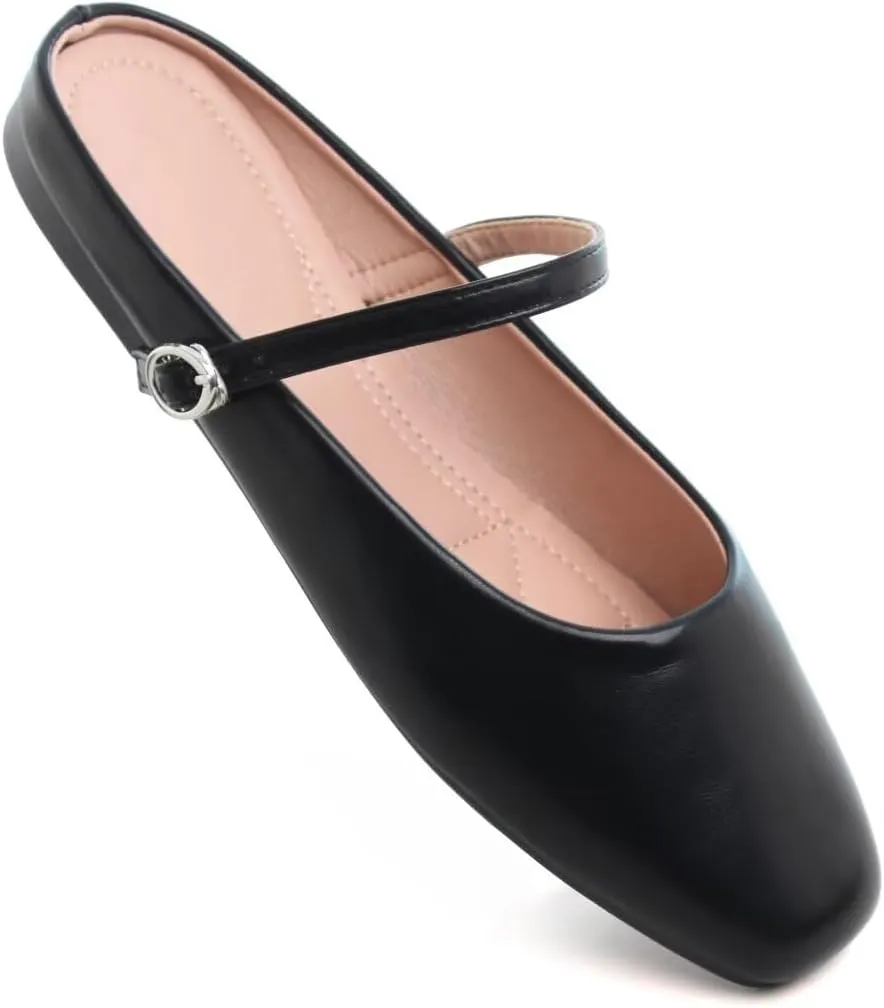 TN TANGNEST Women's Mary Jane Shoes Mules for Women Flats Retro One Line Strap Flats Cute Square Toe Backless Flat Mules