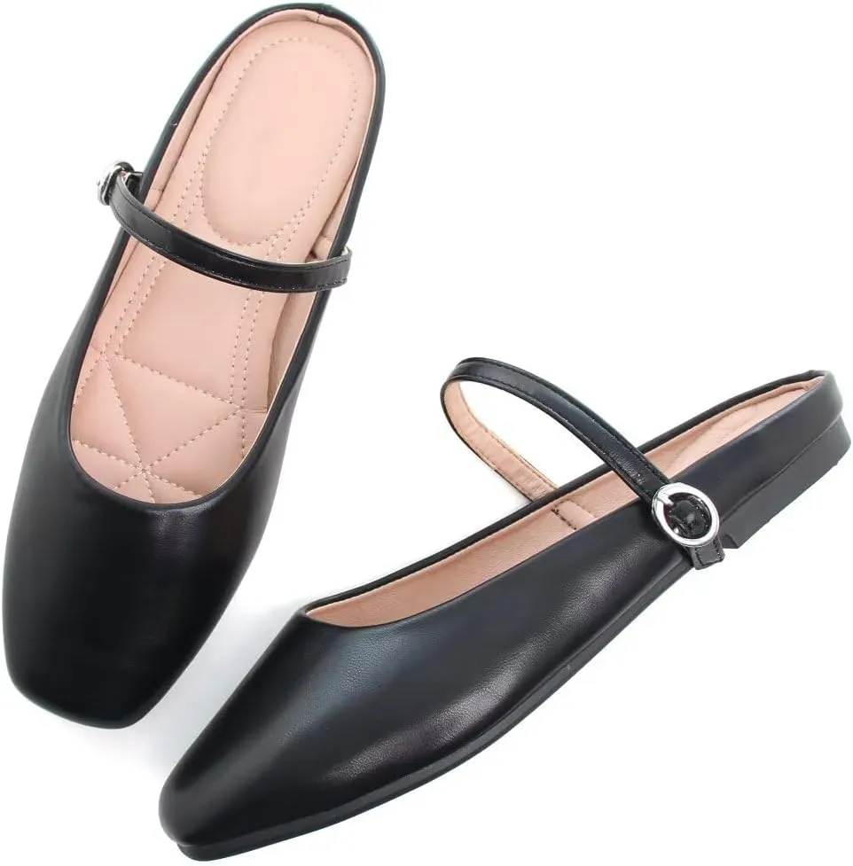 TN TANGNEST Women's Mary Jane Shoes Mules for Women Flats Retro One Line Strap Flats Cute Square Toe Backless Flat Mules