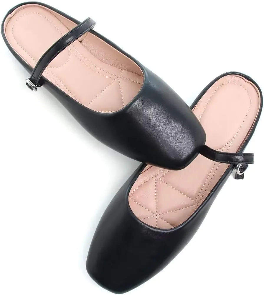 TN TANGNEST Women's Mary Jane Shoes Mules for Women Flats Retro One Line Strap Flats Cute Square Toe Backless Flat Mules