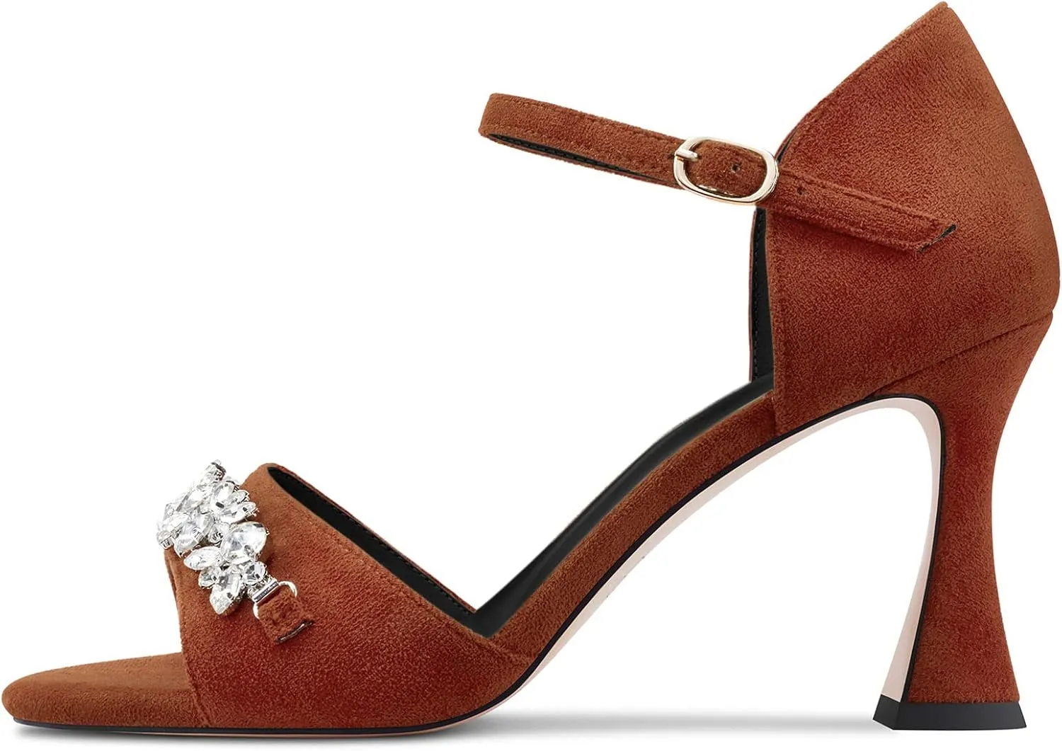 TNYNFBEB Women Chunky Block Mid Heel Peep Open Toe Sandals Ankle Strap Buckle Rhinestone Crystal Party Cute 3.3 Inches Heels