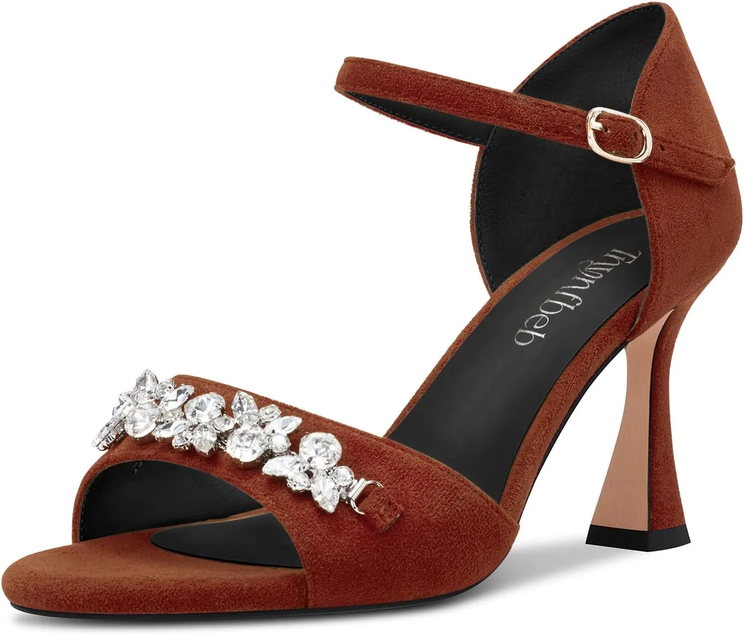 TNYNFBEB Women Chunky Block Mid Heel Peep Open Toe Sandals Ankle Strap Buckle Rhinestone Crystal Party Cute 3.3 Inches Heels
