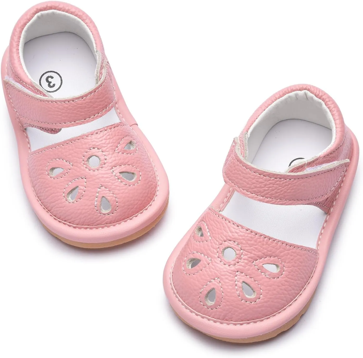 Toddler Girls Squeaky Shoes Flower Punch Baby Mary Jane Flats Sandals (Removable Squeakers)