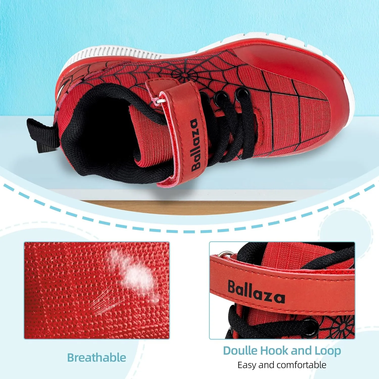 Toddler Kid Spider Design Sneakers with Non-Slip Sole, Breathable Mesh, and Hook-and-Loop Closure