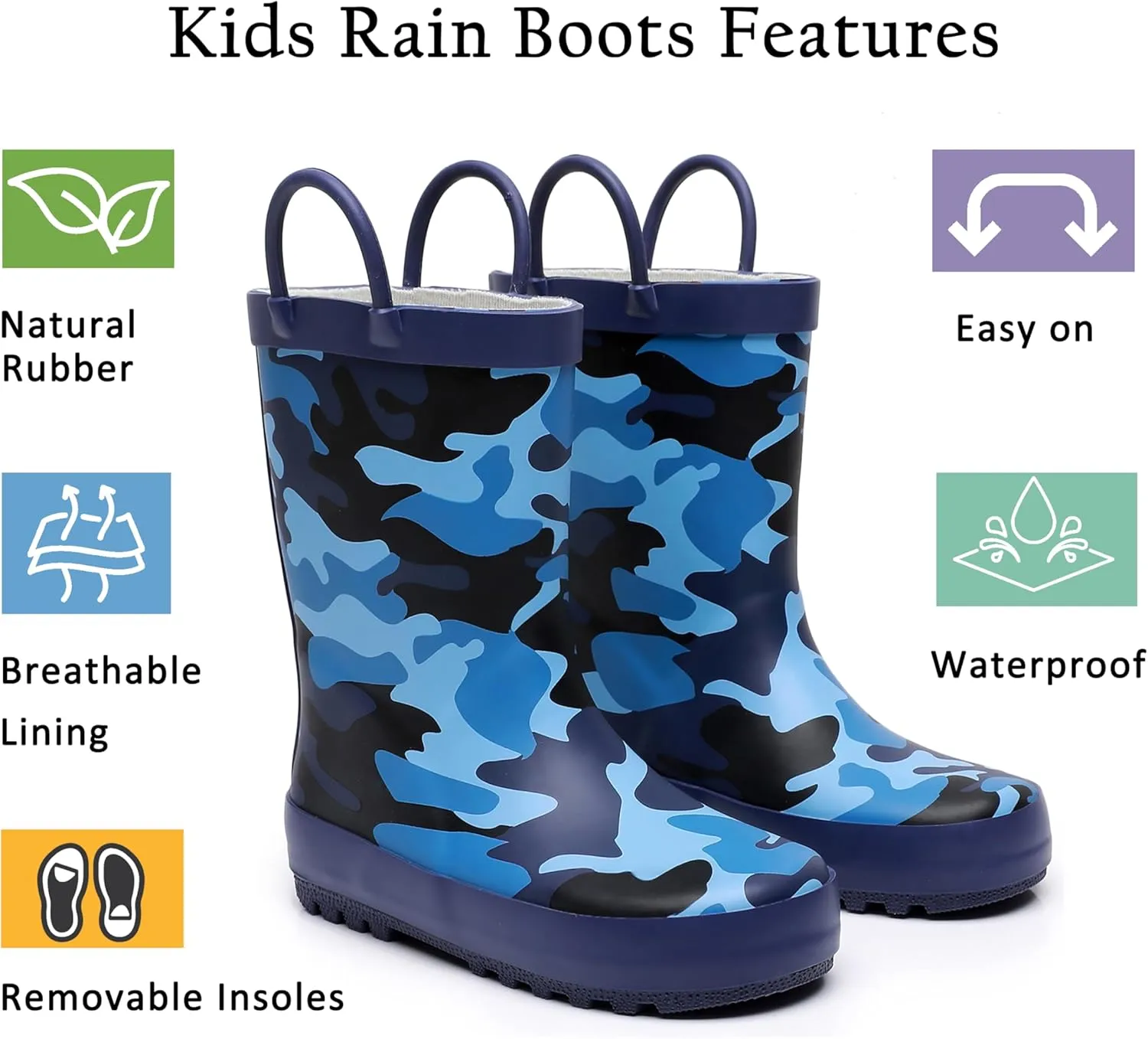 Toddler Rain Boots for Boys and Girls Waterproof Rubber Kids Rain Boots with Easy on Handles All-season