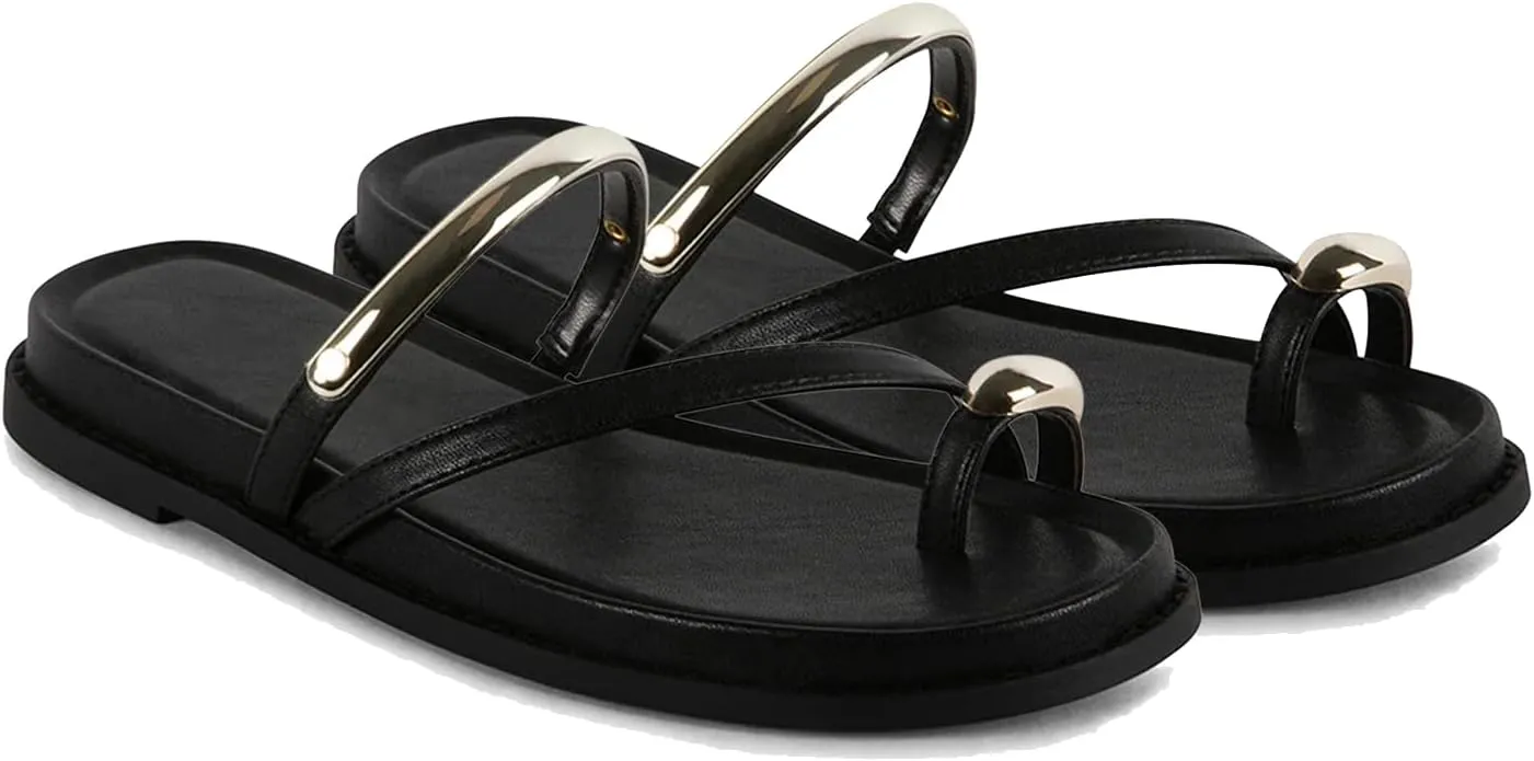 Toe Ring Thong Sandals for Women Open Toe Strappy Flat Sandals Casual Summer Dressy Beach Slide Sandals