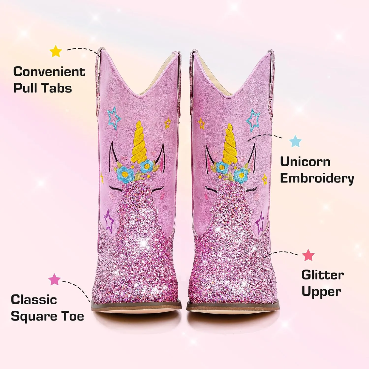 Unicorn Girls Cowgirl Boots Mid Calf Square Toe Glitter Toddler Western Cowboy Boot Little Kid Big Kid Riding Shoes Princess Dress Up Party Birthday Dance
