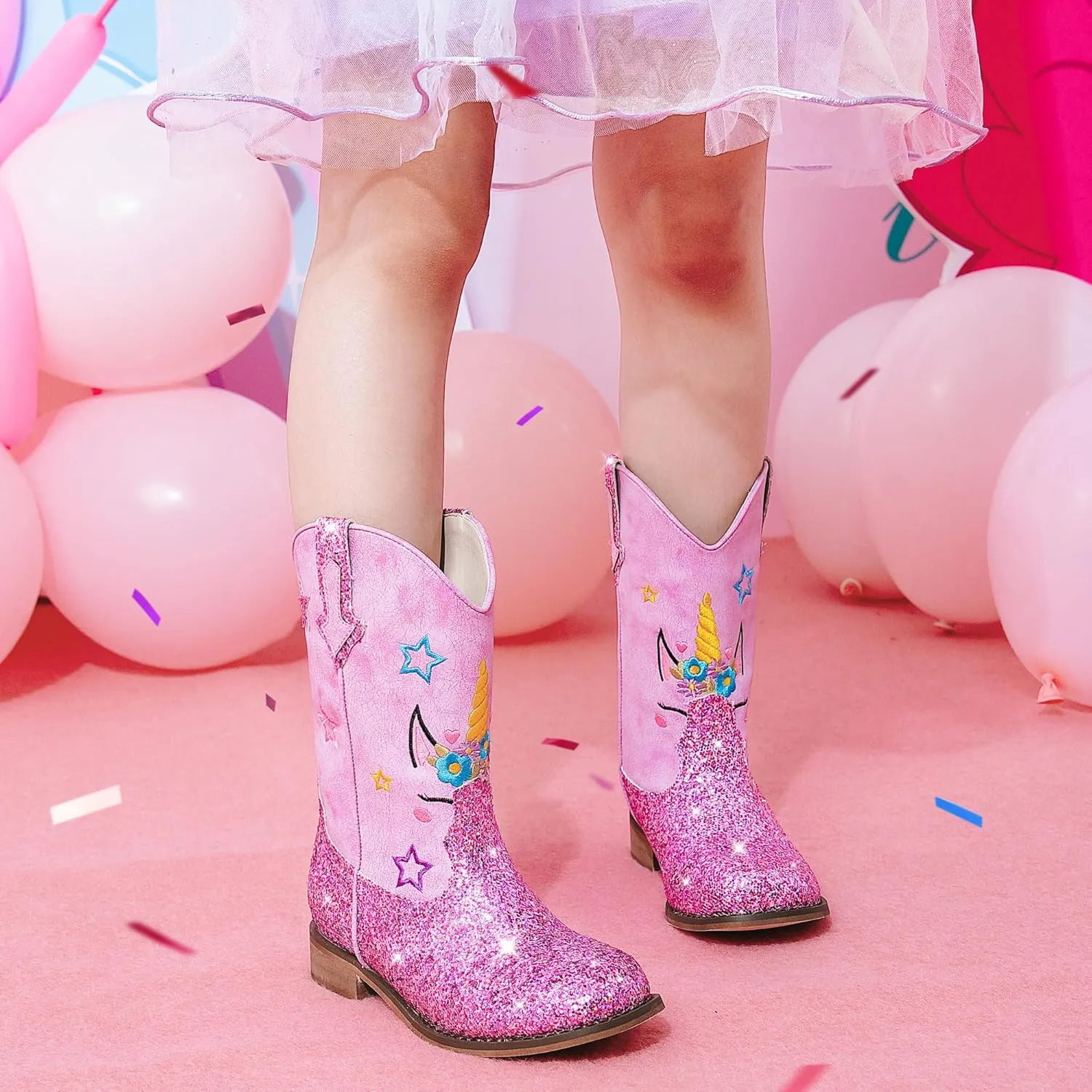 Unicorn Girls Cowgirl Boots Mid Calf Square Toe Glitter Toddler Western Cowboy Boot Little Kid Big Kid Riding Shoes Princess Dress Up Party Birthday Dance