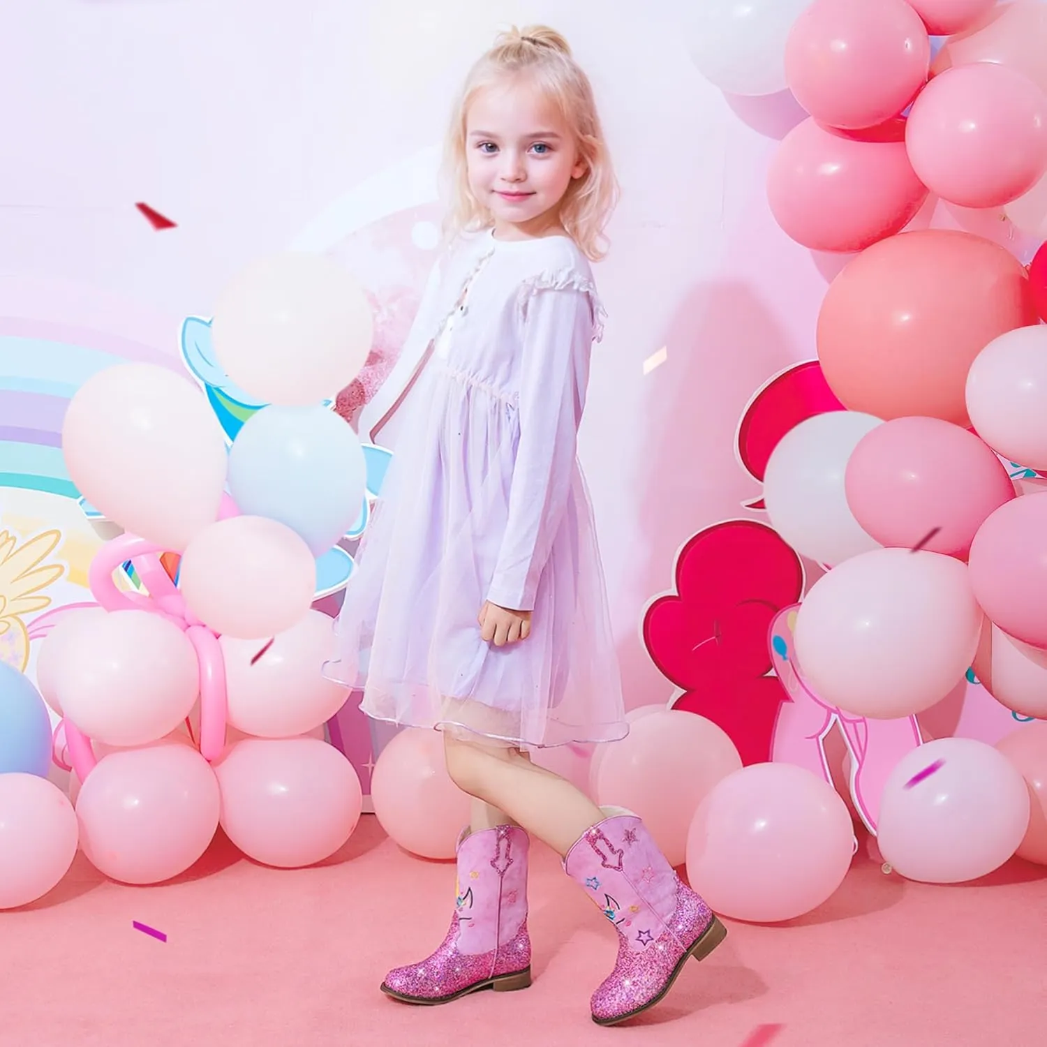 Unicorn Girls Cowgirl Boots Mid Calf Square Toe Glitter Toddler Western Cowboy Boot Little Kid Big Kid Riding Shoes Princess Dress Up Party Birthday Dance