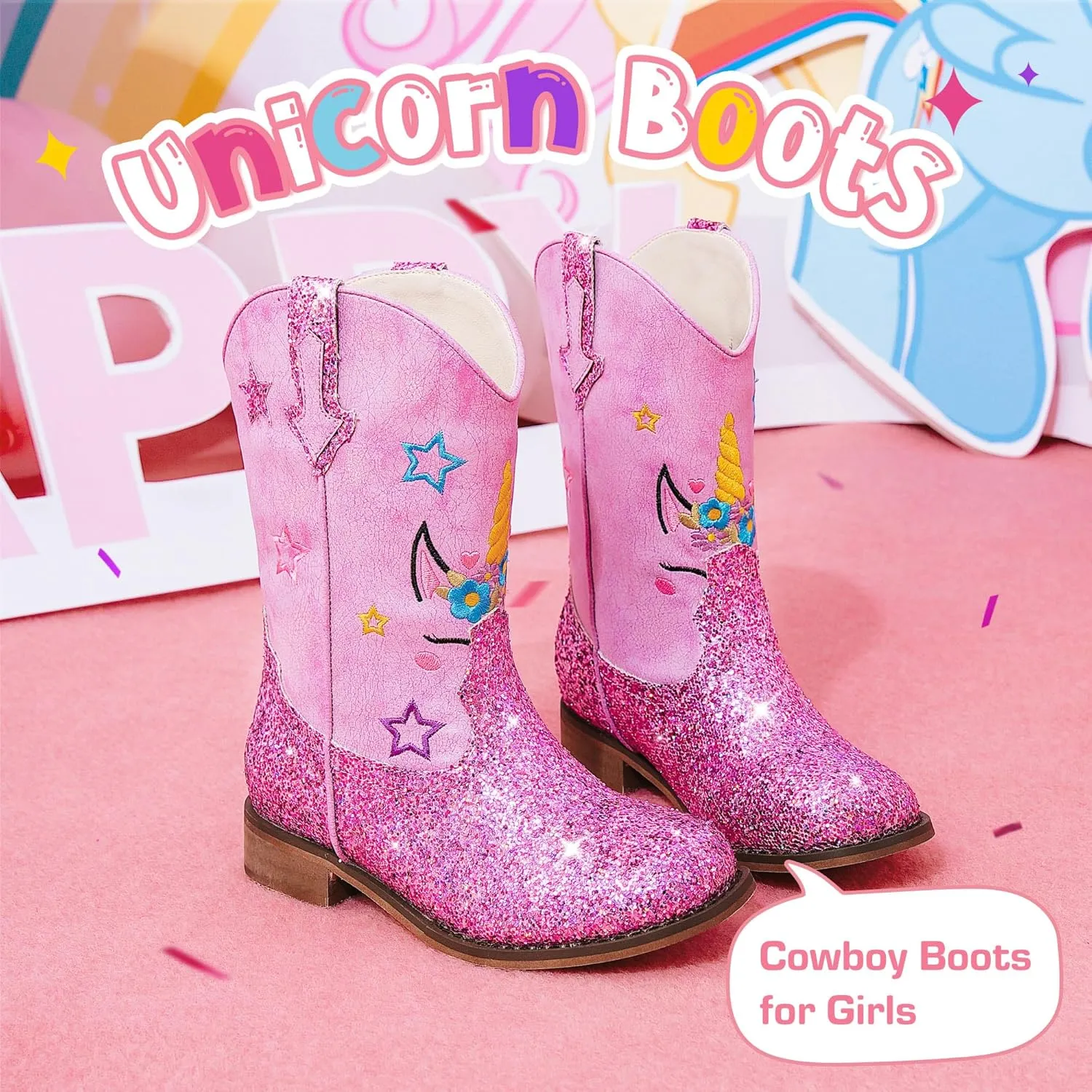 Unicorn Girls Cowgirl Boots Mid Calf Square Toe Glitter Toddler Western Cowboy Boot Little Kid Big Kid Riding Shoes Princess Dress Up Party Birthday Dance
