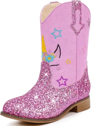Unicorn Girls Cowgirl Boots Mid Calf Square Toe Glitter Toddler Western Cowboy Boot Little Kid Big Kid Riding Shoes Princess Dress Up Party Birthday Dance