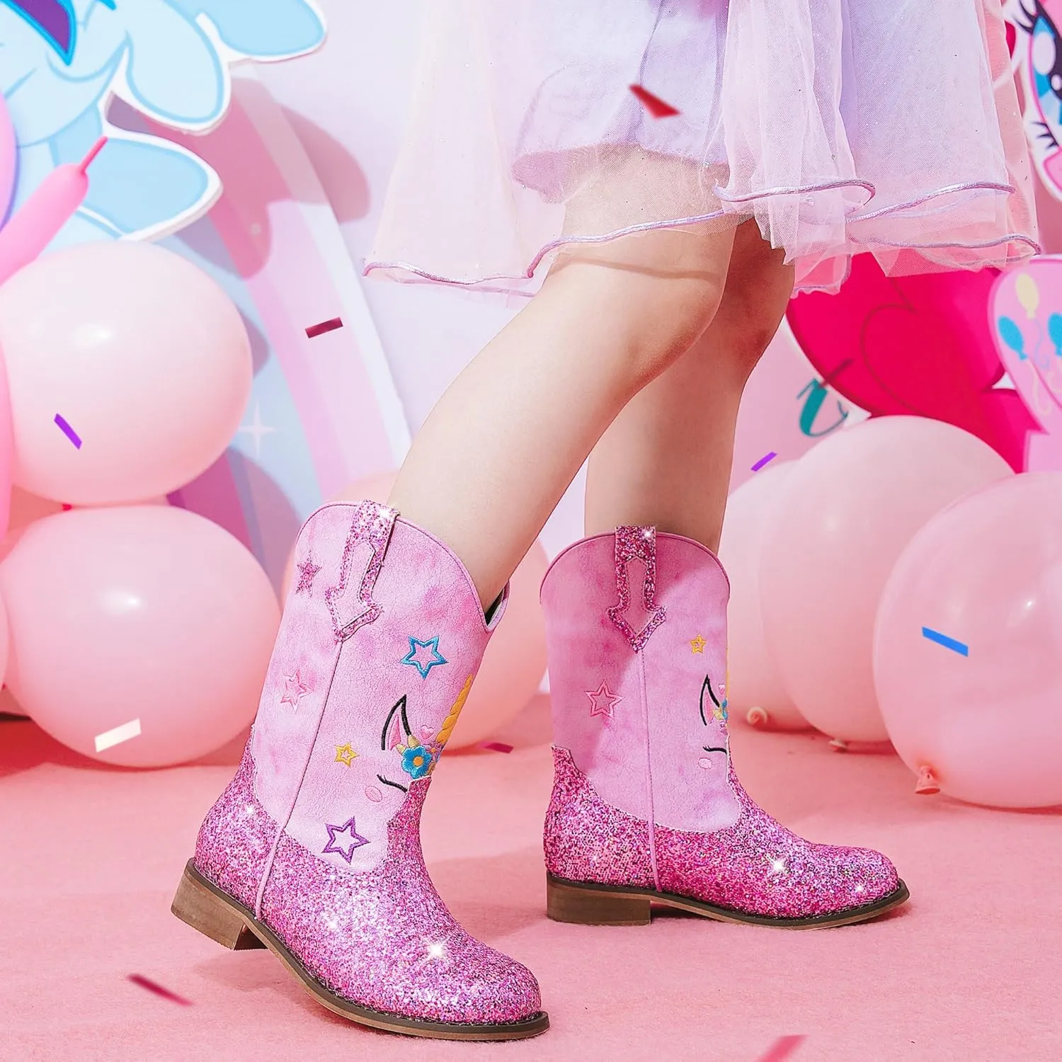 Unicorn Girls Cowgirl Boots Mid Calf Square Toe Glitter Toddler Western Cowboy Boot Little Kid Big Kid Riding Shoes Princess Dress Up Party Birthday Dance