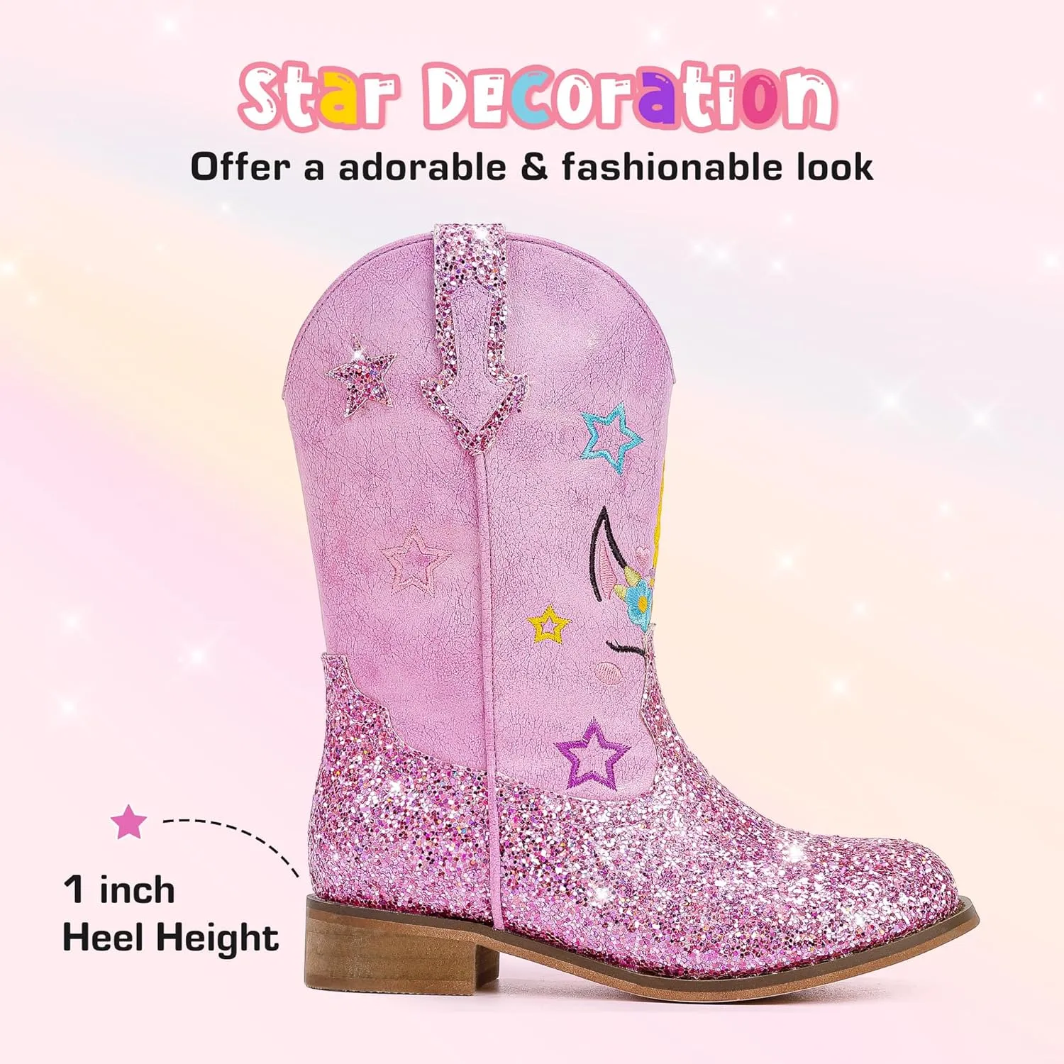 Unicorn Girls Cowgirl Boots Mid Calf Square Toe Glitter Toddler Western Cowboy Boot Little Kid Big Kid Riding Shoes Princess Dress Up Party Birthday Dance
