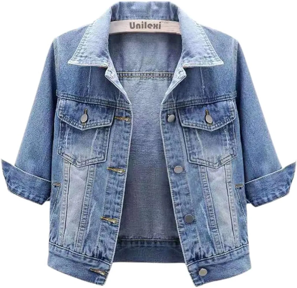 Unilexi Women's 3/4 Sleeve Colored Cropped Denim Jacket Light Wash Short Jean Jacket Trucker Coat