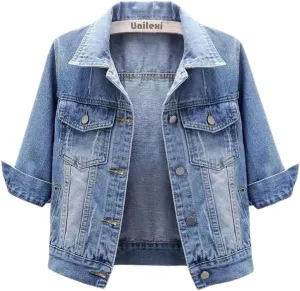 Unilexi Women's 3/4 Sleeve Colored Cropped Denim Jacket Light Wash Short Jean Jacket Trucker Coat