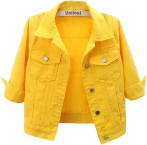 Unilexi Women's 3/4 Sleeve Colored Cropped Denim Jacket Light Wash Short Jean Jacket Trucker Coat