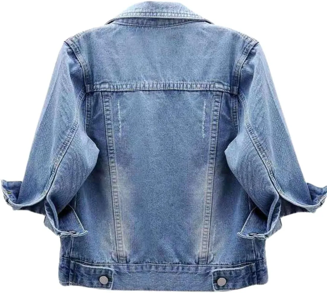 Unilexi Women's 3/4 Sleeve Colored Cropped Denim Jacket Light Wash Short Jean Jacket Trucker Coat