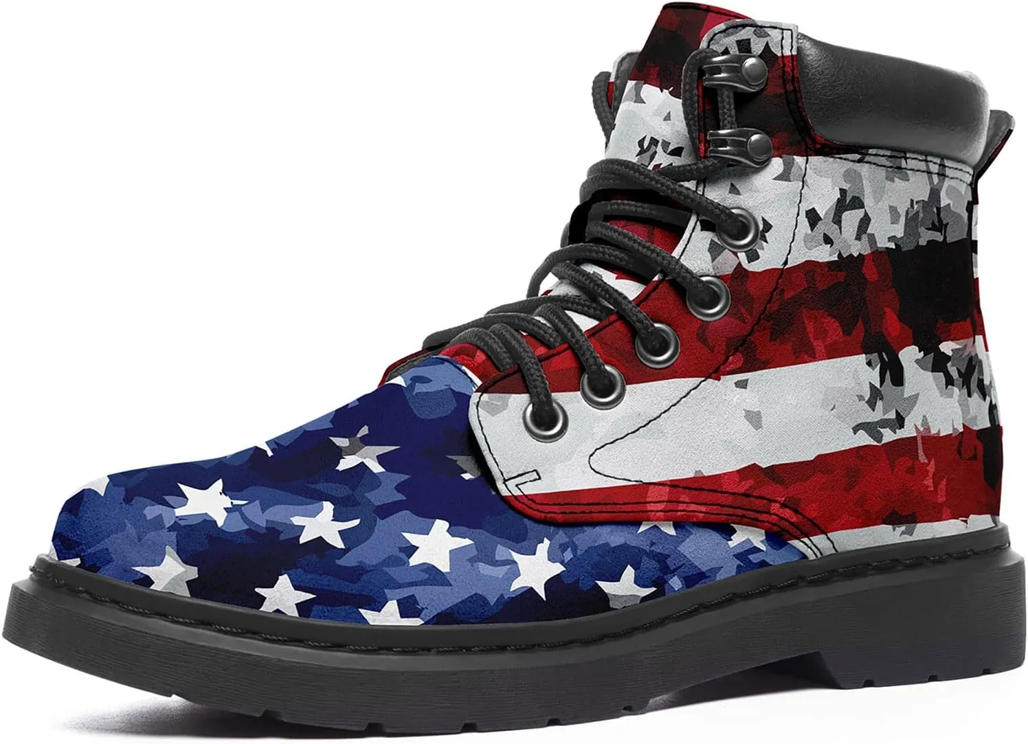 USA Flag American Patriotic Boots, Custom Bike Booties with Name, Stars Stripes Lace up Leather Ankle Combat Boot for Women Men