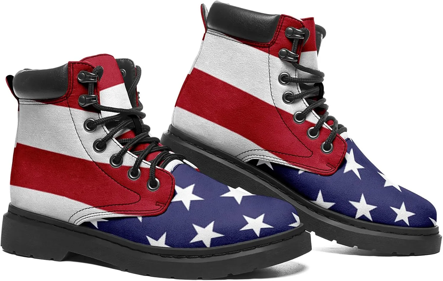 USA Flag American Patriotic Boots, Custom Bike Booties with Name, Stars Stripes Lace up Leather Ankle Combat Boot for Women Men