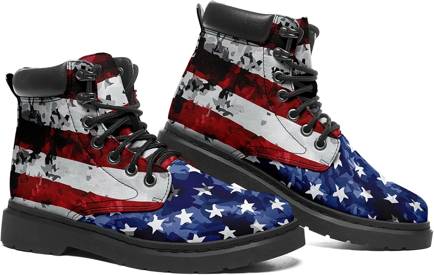 USA Flag American Patriotic Boots, Custom Bike Booties with Name, Stars Stripes Lace up Leather Ankle Combat Boot for Women Men