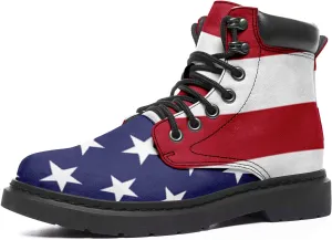 USA Flag American Patriotic Boots, Custom Bike Booties with Name, Stars Stripes Lace up Leather Ankle Combat Boot for Women Men