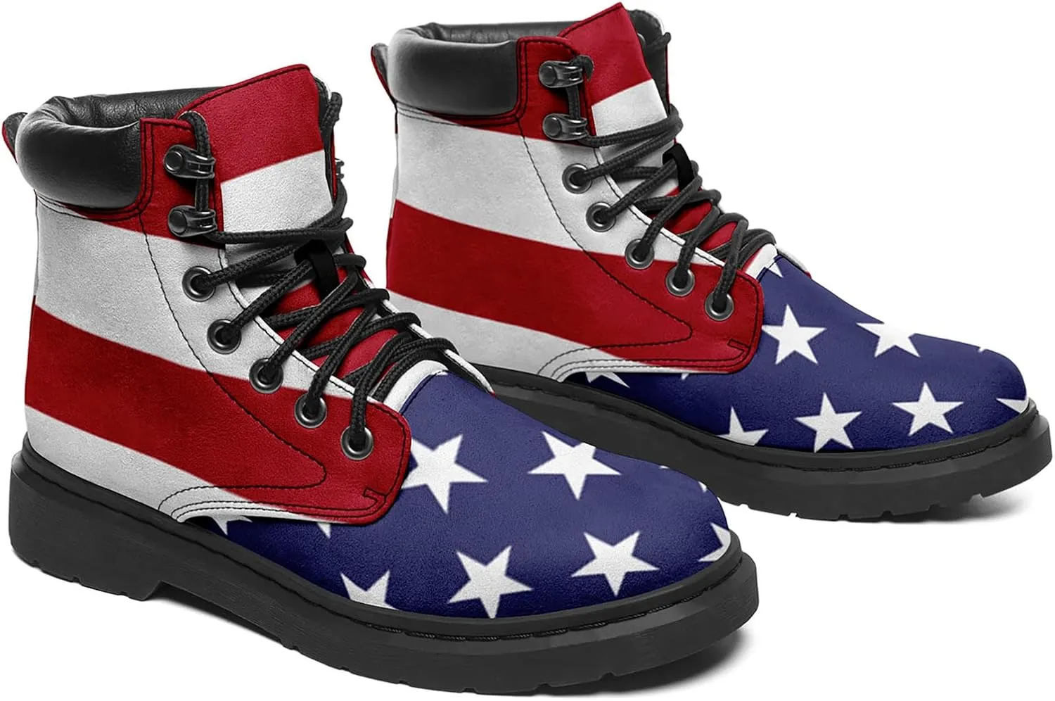 USA Flag American Patriotic Boots, Custom Bike Booties with Name, Stars Stripes Lace up Leather Ankle Combat Boot for Women Men