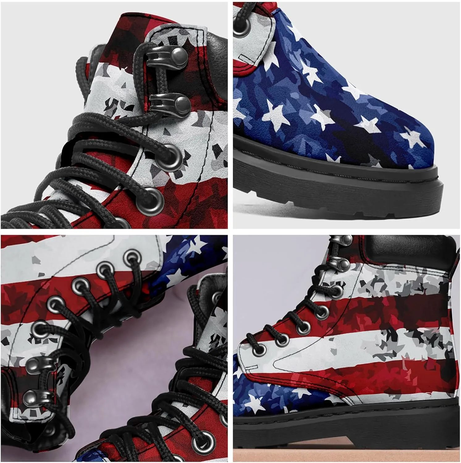 USA Flag American Patriotic Boots, Custom Bike Booties with Name, Stars Stripes Lace up Leather Ankle Combat Boot for Women Men