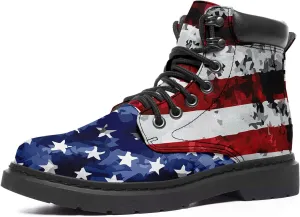 USA Flag American Patriotic Boots, Custom Bike Booties with Name, Stars Stripes Lace up Leather Ankle Combat Boot for Women Men